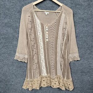 J.Jill Size XL Top Blouse Brown Crochet Knit Lace Granola Beachy Boho Silk Blend
